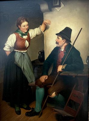 un tableau représentant un homme et une femme assis dans une pièce