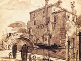 a drawing of a boat going under a bridge