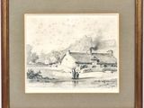 an image of a drawing of a farm scene with a man and a horse