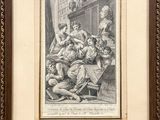 an old drawing of a group of people sitting on a bench