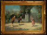 painting of two children playing a game of tennis in a garden