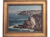 an oil painting of a rocky coast with a cliff in the foreground