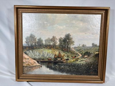une peinture à l'huile représentant une scène fluviale avec du bétail paissant sur la rive