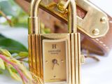 a gold watch with a padlock on it next to a flower