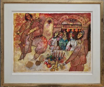 peinture d'un groupe de personnes devant un bâtiment