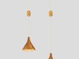 a pair of brass colored pendant lights hanging from a ceiling