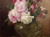 painting of pink and white roses in a green vase on a table