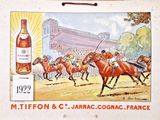 une photo d'une photo représentant une course hippique avec une bouteille de vin