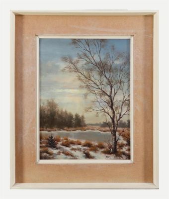 un tableau représentant un paysage enneigé avec un arbre au premier plan