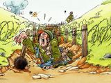 drawing of a man in a green jacket is in a hole with a hedge