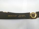 the belt has a gold buckle on it and a black leather strap