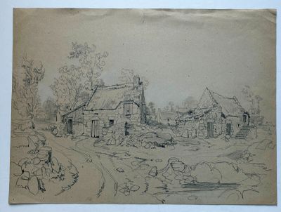 dessin au crayon représentant une scène de vie à la ferme avec un cheval tiré par un homme