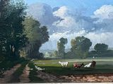 a painting of cows in a field by a dirt road