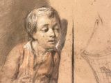 drawing of a young boy looking out of a window at a bird