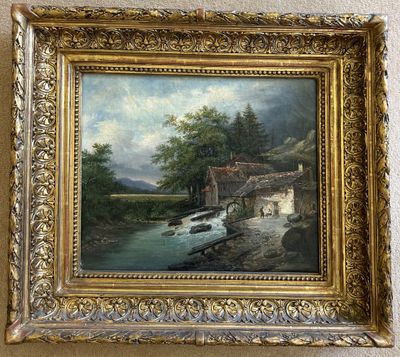 un tableau représentant une scène fluviale avec un pont et une maison