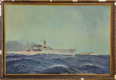 une peinture à l'huile représentant un navire au milieu d'une vaste étendue d'eau