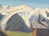 un tableau représentant un paysage de montagne avec une église au premier plan