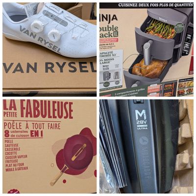 several pictures of various types of shoes and food in boxes