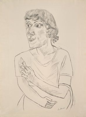 a drawing of a woman holding her hands up to her chest