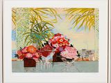 un tableau représentant un vase de fleurs et un verre de vin posés sur une table