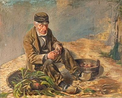 painting of a man sitting on the ground next to a bowl of vegetables