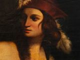 a painting of a woman in a red hat and yellow dress