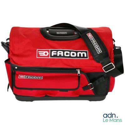the bag is red and black with a logo on it
