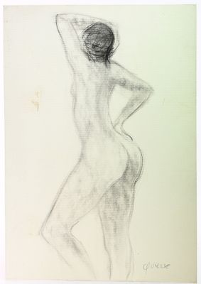a drawing of a woman standing with her arms behind her head