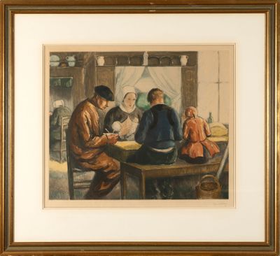 tableau représentant une famille jouant aux cartes autour d'une table dans un salon