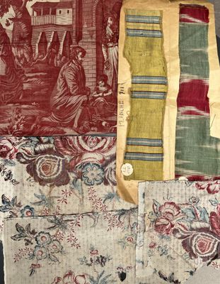 several pieces of fabric with a picture of a woman and a man
