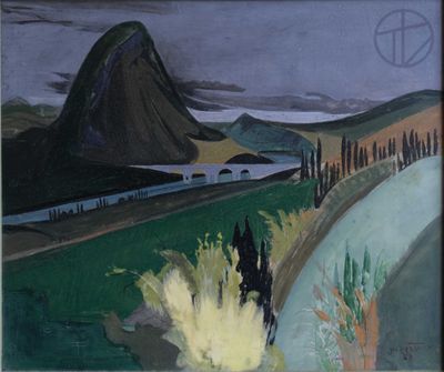 peinture représentant un paysage avec une rivière et une montagne en arrière-plan