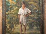 a painting of a boy standing in front of a painting