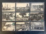 several old black and white photos of a group of people on a street
