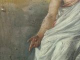 painting of a woman in a white dress sitting on a cloud with her hands on her knees