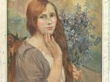 an image of a painting of a woman holding a bunch of flowers
