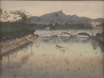 a picture of a painting of a bridge over a body of water