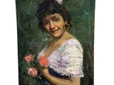 une peinture à l'huile représentant une femme tenant un bouquet de fleurs