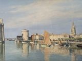 a painting of a view of a city from the water