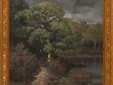 painting of a landscape with a river and trees in a gold frame