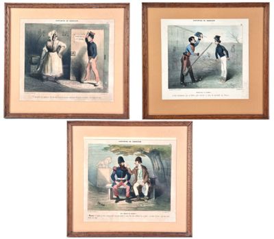 trois reproductions encadrées représentant des hommes et des femmes assis sur un banc devant un mur
