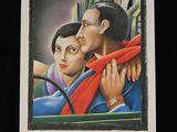 tableau représentant un homme et une femme dans une voiture, avec un paysage urbain en arrière-plan