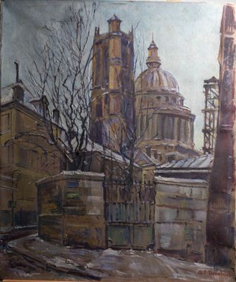une peinture d'un bâtiment avec une tour d'horloge en arrière-plan