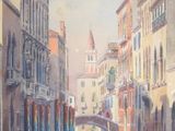 a painting of a canal with gondolas on it