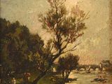 an oil painting of a river scene with boats in the water