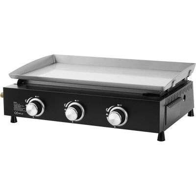 an image of a gas griddle with three burners on it