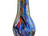 a glass vase that has a blue and red design on it