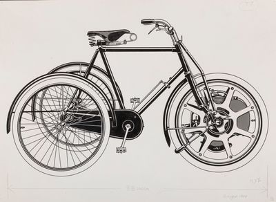 a black and white drawing of a bicycle with a basket on the back