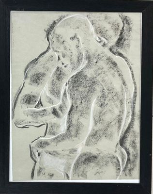 dessin représentant un homme assis sur un tabouret, dans un cadre noir