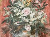 a painting of a vase of flowers on a table