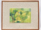 un tableau représentant un paysage vert et jaune avec des arbres au premier plan